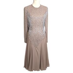 80s 90s Vintage Oleg Cassini Couture Formal Beaded Crêpe Dress Beige Size 6